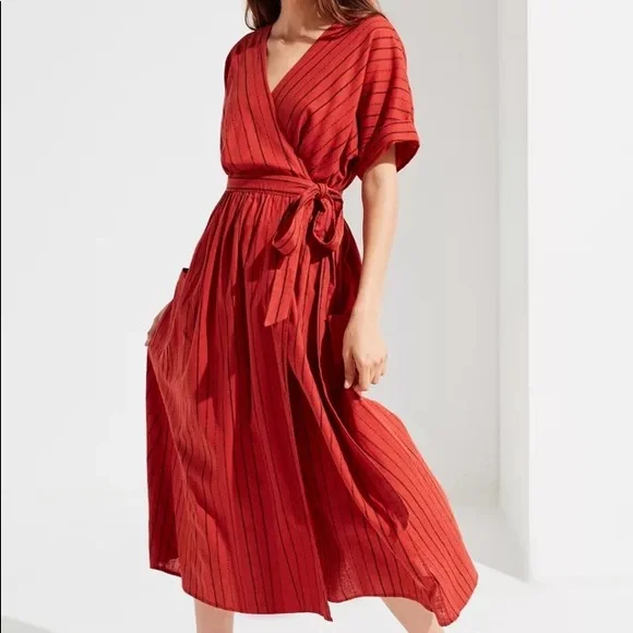 Urban Outfitters | Dresses | Urban Outfitters Gabrielle Burnt Orange  Striped Linen Cotton Wrap Dress Size Xs | Poshmark